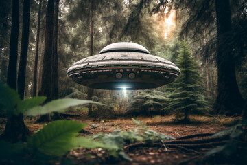 Fototapeta na wymiar A UFO sitting in overgrown forest in the style of street photography. made with generative AI