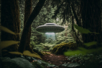 A UFO sitting in overgrown forest in the style of street photography. made with generative AI