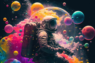 Obraz na płótnie Canvas an astronaut traversing a colorful bubbles galaxy with a modern Pop Art style Generative AI