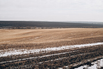 Spring Plowed Field Partly Covered Winter Melting Snow Ready For New Season. Ploughed Field In...