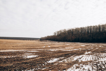 Spring Plowed Field Partly Covered Winter Melting Snow Ready For New Season. Ploughed Field In...