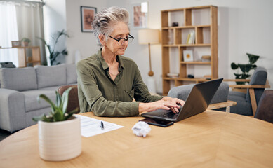 Senior woman, online debt and computer of an elderly person planning retirement savings. Digital...