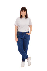 full length portrait of young woman posing in casual clothes isolated on white