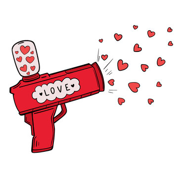 Confetti gun shooting confetti hearts. Hand-drawn doodle illustration. Holiday attribute for Valentine's Day. Confetti gun, toy weapons.Isolated on white background.  
