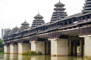 Close-up of Wind and Rain Bridge, a traditional wooden building in Guangxi
