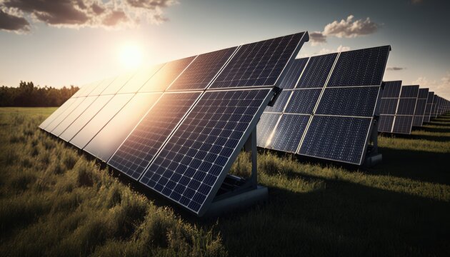 solar panels, solar power plant. Blue solar panels. Alternative source of electricity. Solar farm. Generative AI