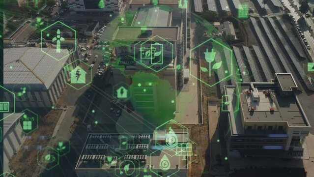 Solar power plant and technology concept. Renewable energy. Smart grid. High quality 4k footage