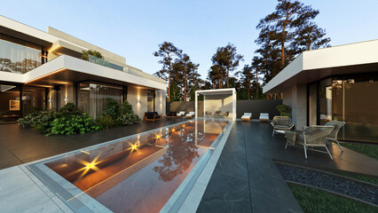 3D visualization of an elite house with a swimming pool. Beautiful facade of the house with a porcelain stoneware finish. Plot with landscaping