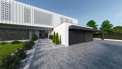 3D visualization of a luxury house with a unique facade. Modern house on a large plot with panoramic windows