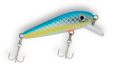 Blue and yellow fishing lure from the side