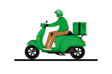 Cartoon delivery courier with motorcycle on isolated background, Digital marketing illustration.
