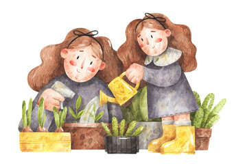 Obraz na płótnie Canvas Mother and daughter care of plants. Watercolor hand-drawn illustration of woman and girl watering flowers. Picture for greeting card 