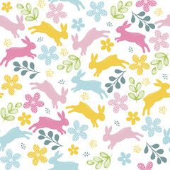 Rabbits and spring flowers vector seamless pattern on white background for kids - for fabric, wrapping, textile, wallpaper, background.