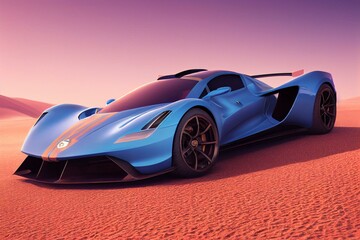 Obraz na płótnie Canvas blue hypercar sportcar on the desert sand road, generative ai