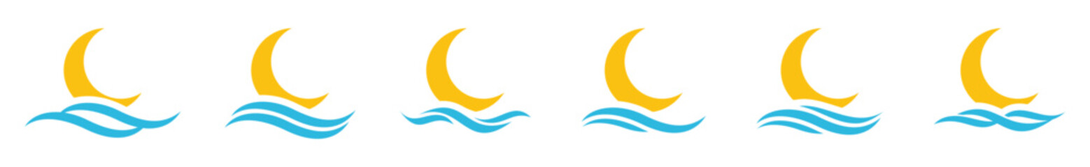 Moon and sea wave icon. Moon rises and sets over the sea. Night light over the sea symbol, vector illustration