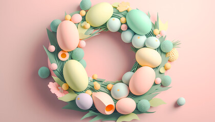 A 3D model of a minimalistic Easter wreath with a few decorated eggs and a pastel color background generative AI 