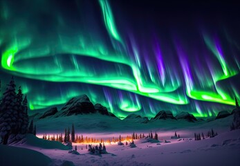 beautiful winter landscape by the lake in the mountains northern lights