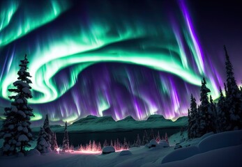 beautiful winter landscape by the lake in the mountains northern lights