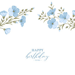 Flowers linen happy birthday card. Hand draw illustration