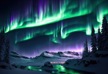 beautiful winter landscape by the lake in the mountains northern lights