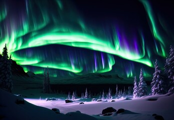 beautiful winter landscape by the lake in the mountains northern lights