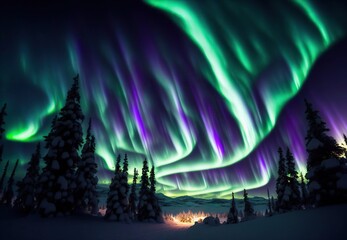 beautiful winter landscape by the lake in the mountains northern lights