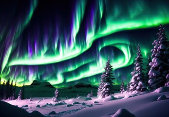 beautiful winter landscape by the lake in the mountains northern lights