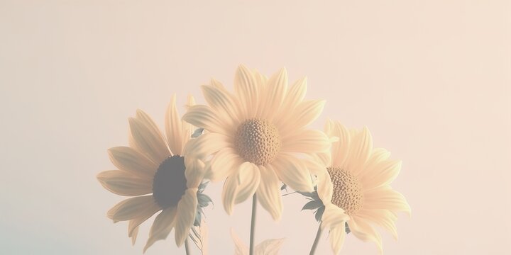 Bright blurred grained image of sunflowers, light pink background simple chic room background