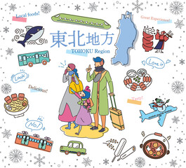 日本の東北地方の冬のグルメ観光を楽しむ三人家族、アイコンのセット（線画）