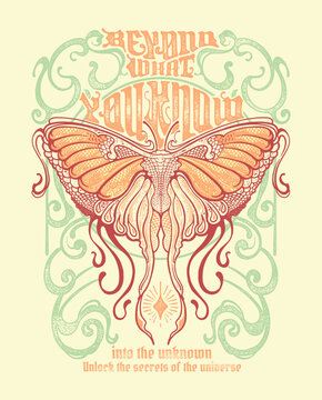 a vintage inspired design in Art Nouveau poster style  with a butterfly and frame illustration to showcase the slogan Beyond What You Know into the unknown