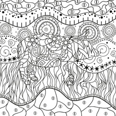 Ornate wallpaper with pig. Hand drawn waved ornaments on white. Abstract patterns on isolated background. Design for spiritual relaxation for adults. Line art. Black and white illustration