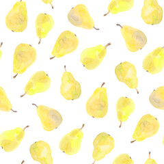 Seamless pattern with yellow vector pears. Ripe juicy fruits. Watercolor hand drawn illustration for packing design. All over print.