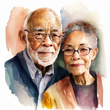 Grandparents, Elderly Man and Woman Couple, Loving, Sweet, Companionship, Partners, Pair, Love, Romance, Watercolor Style People [AI Generative]