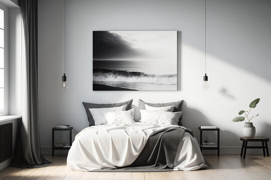 This Wall Art Mockup Features A Light Gray Canvas In A Modern And Minimalist Bedroom, With A Soft Black Color Palette And Natural Light. Generative AI