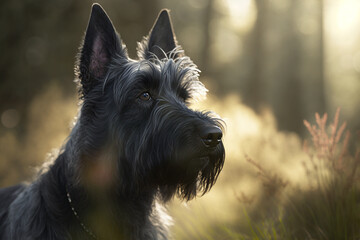 Black scottish terrier dog portrait on a sunny day in the park