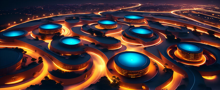 circular smart city at night, application development concept, smart city, Internet of things, smart life, information technology, gradient grid line