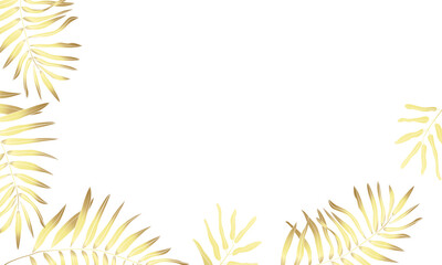 Fototapeta na wymiar Golden leaves of tropical plants on a white background. Vector border template with free space for your text.