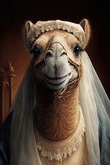  Camel dressed up in wedding dress. Generative AI