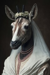  Okapi dressed up in wedding dress. Generative AI