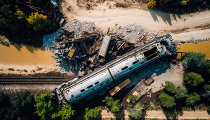 Aerial shot of a devastating train crash, derailment, Generative AI