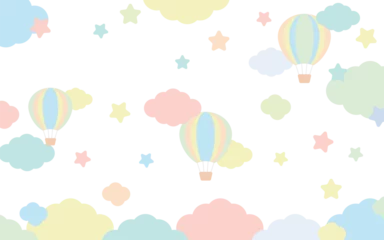 Fotobehang Luchtballon ゆめかわな気球と星と雲とストライプの背景