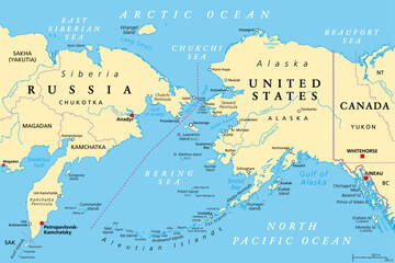 Maritime boundary between Russia and United States, political map. Chukchi Peninsula of Russian Far East, and Seward Peninsula of Alaska, separated by Bering Strait, between Pacific and Arctic Ocean. - obrazy, fototapety, plakaty