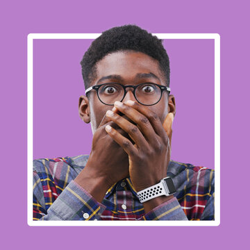 Portrait, black man and hands over mouth for wow, shocked news and purple frame, border and studio background. Omg, surprised face and guy gasp for secret, oops drama and emoji reaction to wtf gossip