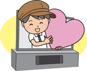 テレビ画面から飛び出す大きなハートを持った男性のイラスト