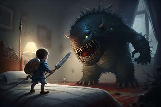 A brave young boy fights the monster under the bed in his room at night scary, horror, with a light sword with magic, protected, couragious, mighty with the spells and protection of his spirit guides