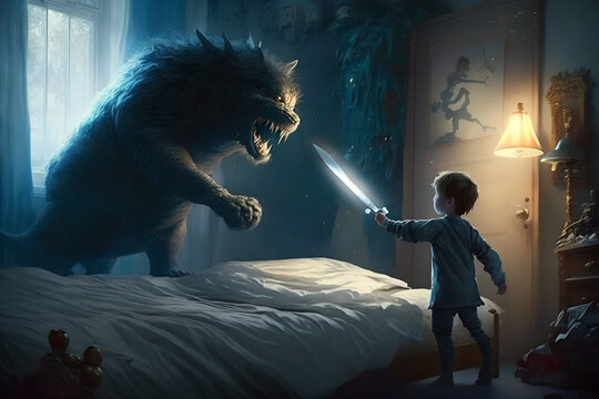A brave young boy fights the monster under the bed in his room at night scary, horror, with a light sword with magic, protected, couragious, mighty with the spells and protection of his spirit guides