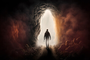 A man standing at the entrance to the light at the end of a long mysterious cave tunnel, ready for what's on the other side of death or life