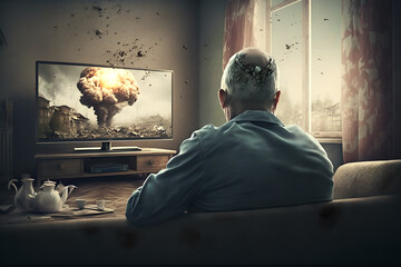 An old man, war veteran, watching the russia war, the latest wars and suffering on his TV in his old apartment, sad and melancholic, nothing changes, conflict between countries in the news, ukraine - obrazy, fototapety, plakaty