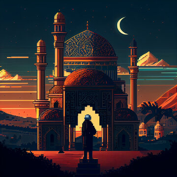 Islamic Mosque. 64 Bit Pixel Art Style. AI Generated