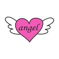 Hand drawn doodle element in 90s 2000s trendy style. Heart with wings, lettering angel isolated on white background.